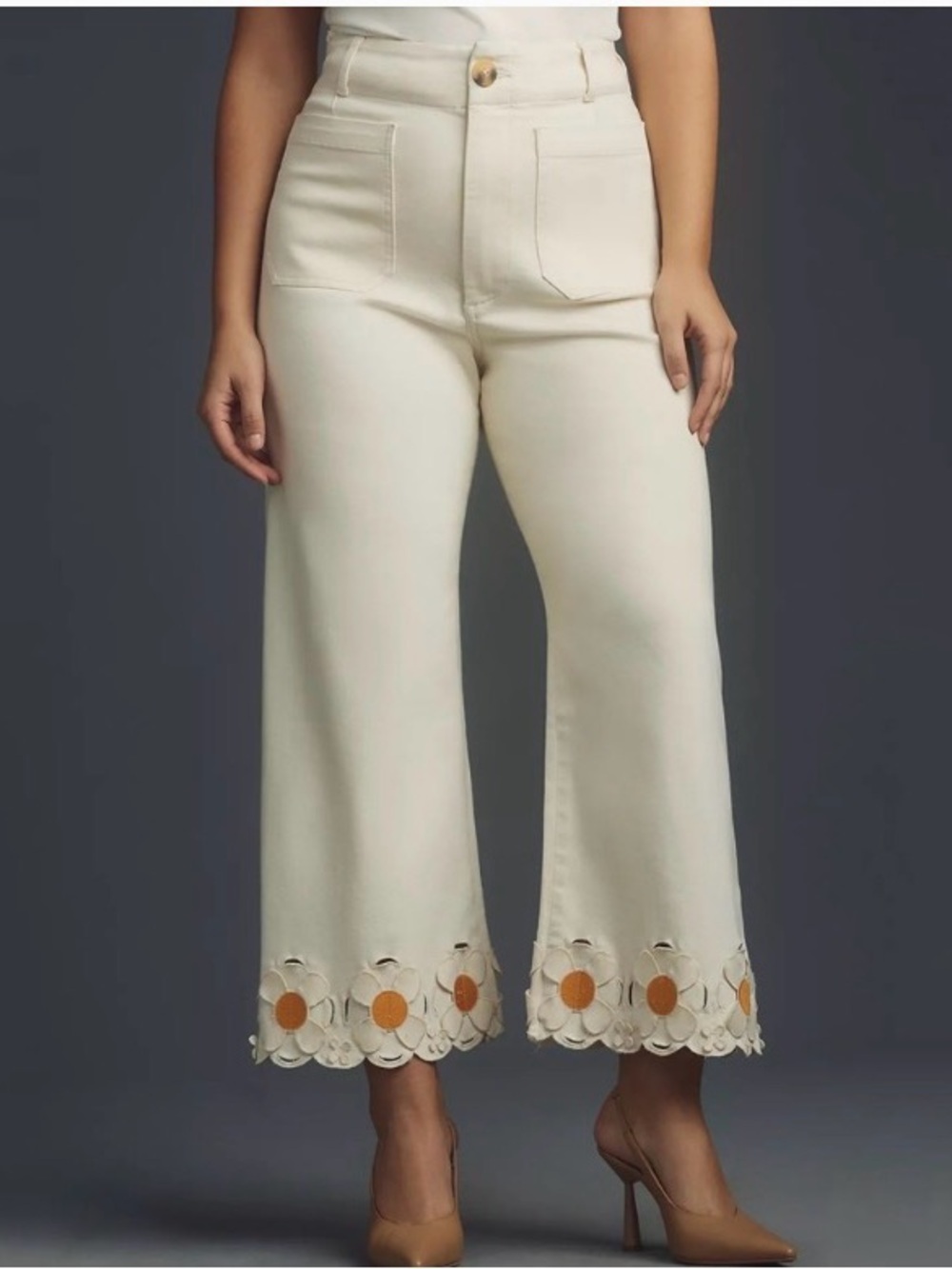 Maeve Anthropologie Colette Wide-Leg Jeans Daisy Cutwork Hem cottagecore whimsy